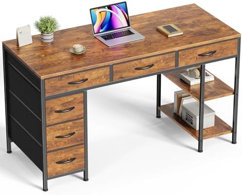 Huuger Computer Desk with 6 Drawers, Office Desk with Shelves, Reversible Gaming Desk, Corner Desk with Storage, Work for Home Office, Study, Living Room, 47inch, Rustic Brown