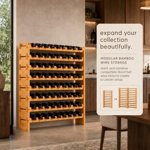 NutriChef 72 Bottle Wine Rack Stackable Bamboo Freestanding, 8-Tier Modular Shelf, Sturdy Wobble Free, Upgraded 2026 Design, Easy No-Tool Assembly for Kitchen, Cellar or Bar Storage 33.5" x 10" x 41"