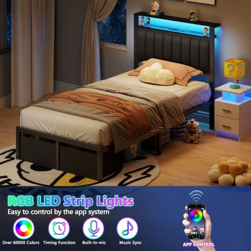 Furnulem Twin Bed Frames with Storage Drawers and Upholstered Headboard
