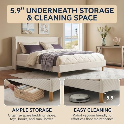 King Corduroy Upholstered Platform Bed with Headboard Wingback, Cream