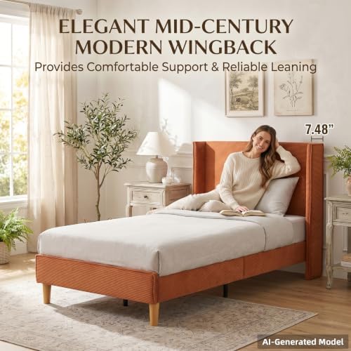 Twin Corduroy Upholstered Platform Bed with Headboard Wingback, Ocher