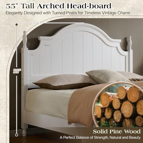 LUXOAK King Size Solid Wood Poster Bed, 55" Arched Headboard, White