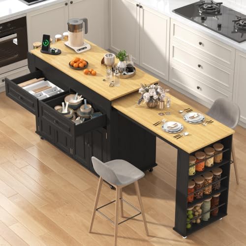 80"-48" Extendable Kitchen Island with Extended Dining Table and Power Outlet,Large Mobile Kitchen Storage Islands with 2 Storage Drawers,Rolling Islands Cart with 3 Extra Rows Open Shelves(Black)