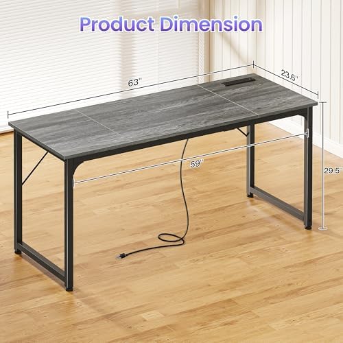 PRAISUN 63 X 24 Inch Computer Desk, Power Outlets, USB-C, Grey