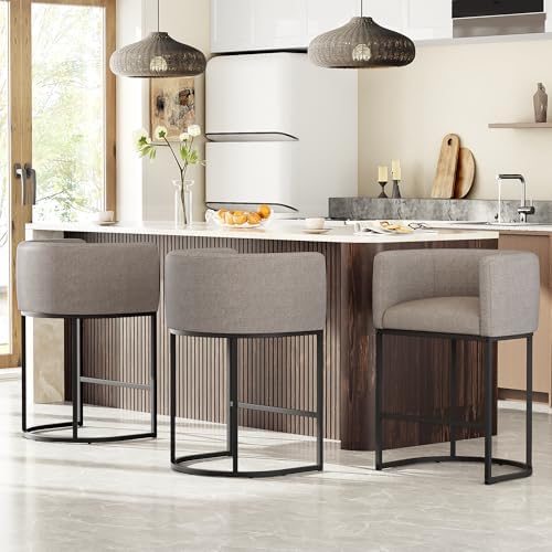 26" H Counter Height Bar Stools Set of 3, Modern Barrel Counter Stools with Backrest and Arms, Linen Fabric Upholstered Accent Barstools for Kitchen Island,Support 450 LBS (Sand)
