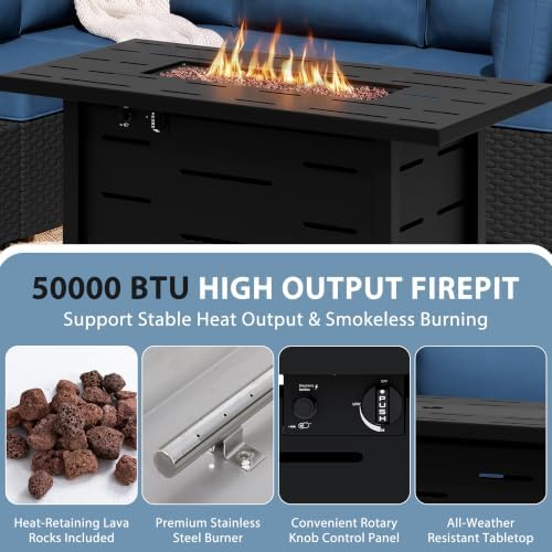Shintenchi 6 Piece Outdoor Patio Furniture Set with 43 Inch Propane Fire Pit, Washable Cushions, Glass Coffee Table, Waterproof Cover & CSA Certified for Backyard Poolside, Black PE Rattan/Navy Blue