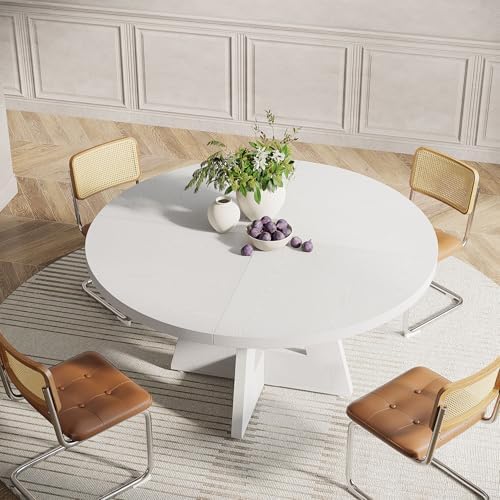 Tribesigns 47 inch Round Dining Table Wood Kitchen Table for Dining Room, 47" Dinner Room Tables for 4-6, Farmhouse Accent Furniture with Wooden Tabletop and Cross Base, White