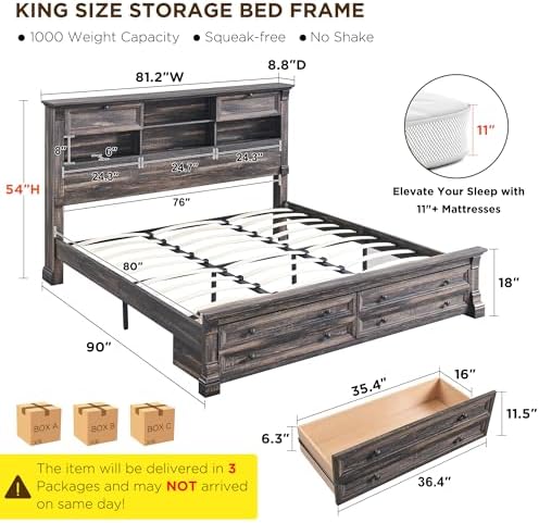 King Size Bed Frame with 54" Tall Headboard with 4 Storage Rack, 2 Drawers