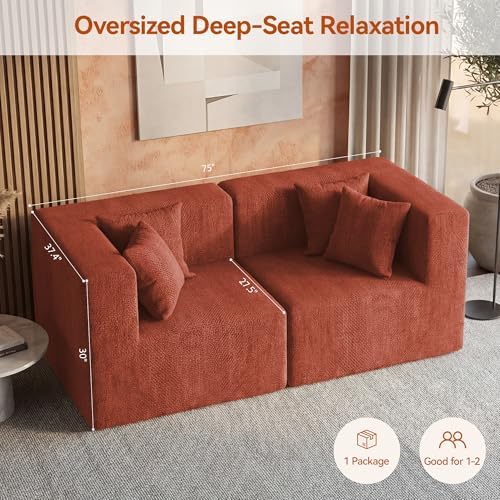 MONVANE 75" Loveseat Sofa, Comfy Chenille Modular Sectional Sofa with 4 Pillows, Modern Deep Seat Boneless Couch, 2 Seater Sofa for Living Room, Bedroom and Apartment, Rust Red