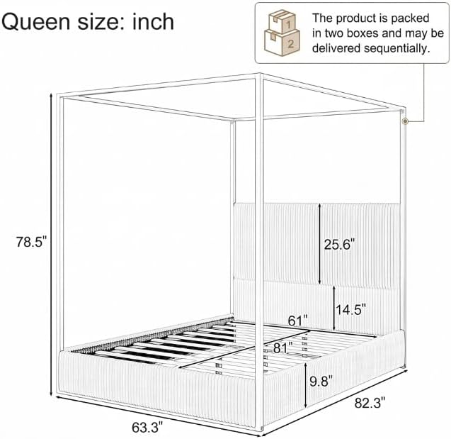Merax Luxury Queen Metal Canopy Bed with Tall Upholstered Headboard, Beige