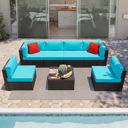 Shintenchi 7 Pieces Patio Furniture Sets Outdoor All-Weather Sectional Patio Sofa Set PE Rattan Manual Weaving Wicker Patio Conversation Set with Glass Table&Ottoman Cushion and Red Pillows, Blue