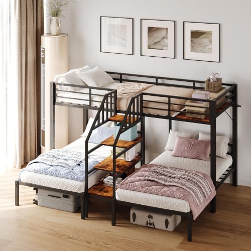 Bonnlo Metal Triple Bunk Bed with Stairs, Twin Over Twin Over Twin Bunk Beds for Kids,Teens and Adults, 3 People Bed, No Box Spring Needed,Black