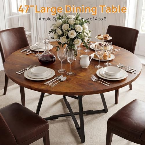 Alpen 42" Round Dining Table for 4-6, Farmhouse Kitchen Table with Storage Shelf, Wood Circle Table with Pedestal Metal Frame, Small Space Table for Apartment, Dining Room, Vintage Brown