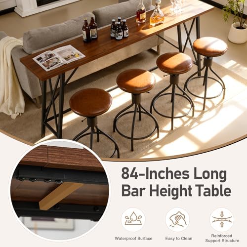 Karl home 83.8" Bar Table and Chairs Set, 4 Adjustable PU Stools, Brown