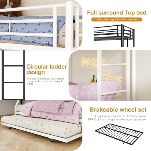 Nuturelly Twin Over Full Bunk Bed with Trundle, 400 lbs Capacity, White