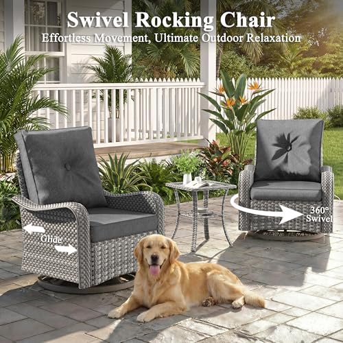 2-Seat Modern Patio Furniture Set with Swivel Rocking Chairs, Thick 4″ Cushions, Dual-Strand Wicker Rattan, Rust-Resistant Steel Frame – Outdoor Conversation & Modular Sectional,Black