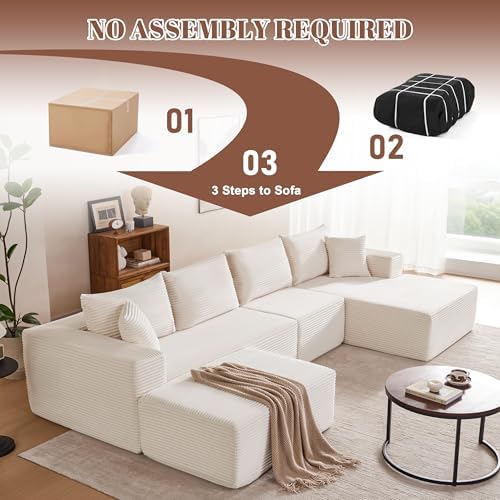Mangodan 140” Cloud Sectional Couch, Boneless Sofa for Living Room, Modular Sectional Sofa with Deep Seat, Comfy Fluffy U-Shaped Couch with Right-Facing Chaise, No Assembly Required, Beige