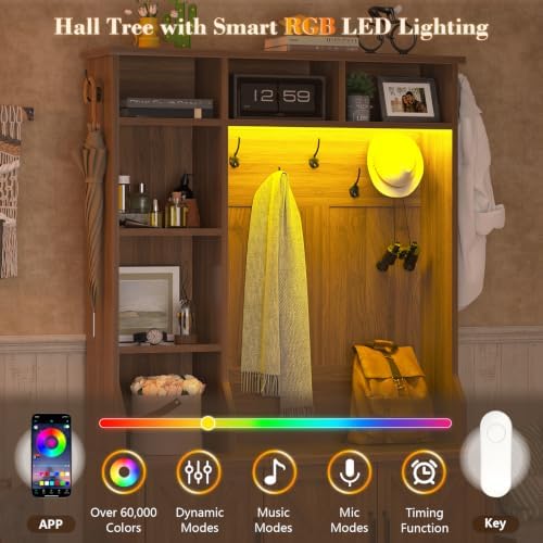 CSZZD Hall Tree with Bench and Shoe Storage, Farmhouse Entryway Bench with Coat Racks and Led Lights, Tall Hall Tree with 7 Coat Hooks, 6 Storage Cubbies, Adjustable Shelf
