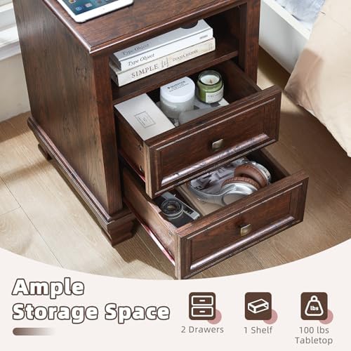 SAVOR LIFE Farmhouse Nightstand Set of 2 with Charging Station, Walnut