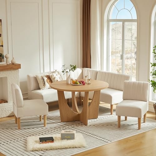 Round Dining Table Set with Loveseat & Chairs, 47 Inch Farmhouse 5-Piece Round Table Setting for 4 to 6, Wood Circle Table and Chairs Set for Kitchen,Breakfast Nook, Indoor Conversational Seating