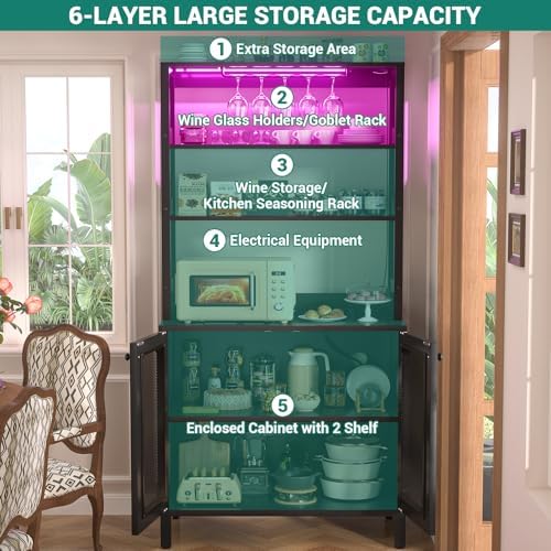 Aheaplus Bar Cabinet with Power Outlets, 67" Tall Wine Bar Cabinet, Black