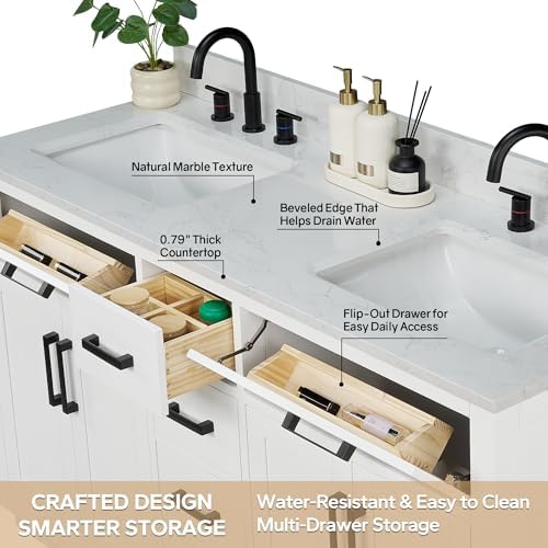 72-inch White Bathroom Vanity with 2 Sinks, Solid Wood, 0.79-inch Stone Countertop and Backsplash, 6 Drawers, 4 Soft Closing Doors