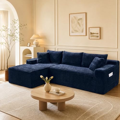 95" L-Shaped Left Facing Cloud Sectional Couch for Living Room, Modular Compressed Boneless Sectional Sofa Corduroy Boneless Corner Foam Sofa W/Chaise Lounge and Pillows