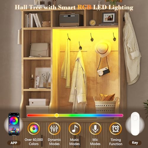 CSZZD Fluted Hall Tree with Bench and Shoe Storage and LED Lights