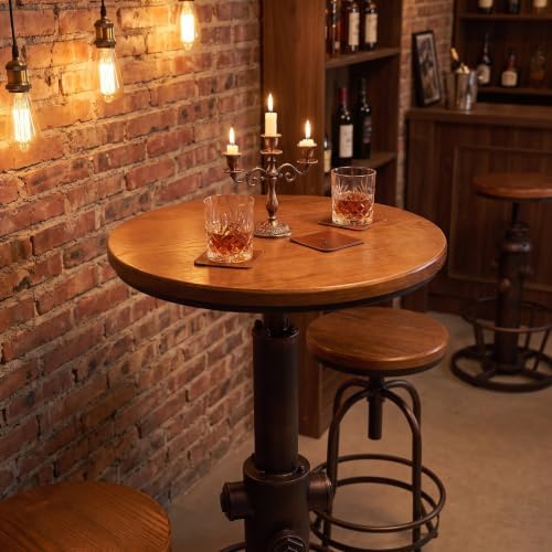 Industrial Bar Table Swivel Round Wooden Top Height Adjustable 38.6-44.4inch Vintage Kitchen Dining Chair Coffee Table Hydrant Design Bistro Table
