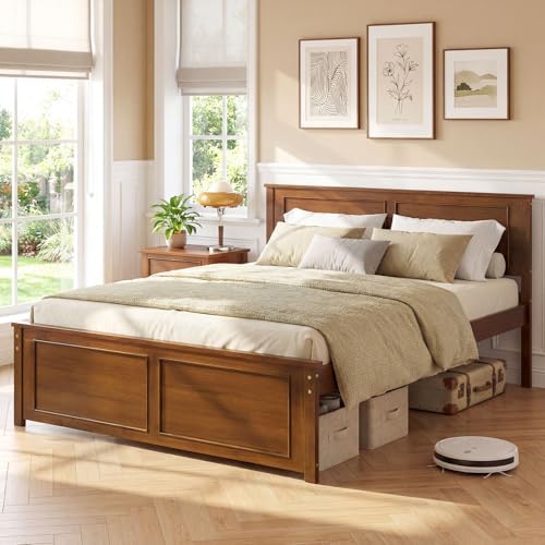 Giantex Wood Full Size Bed Frame with Headboard, Farmhouse Solid Platform Bed w/Wooden Slat Support Mattress Foundation, Under-Bed Storage, No Box Spring Needed, Walnut
