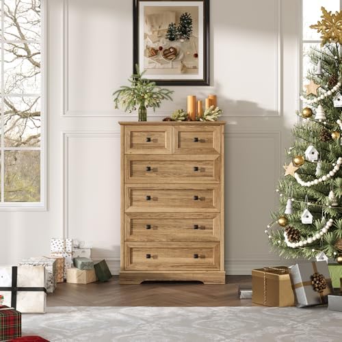 Farmhouse 6 Drawers Dresser Chests for Bedroom, Natural Oak Wood Dressers
