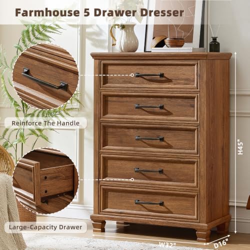 SAVOR LIFE Farmhouse 5 Drawer Dresser for Bedroom, Brown