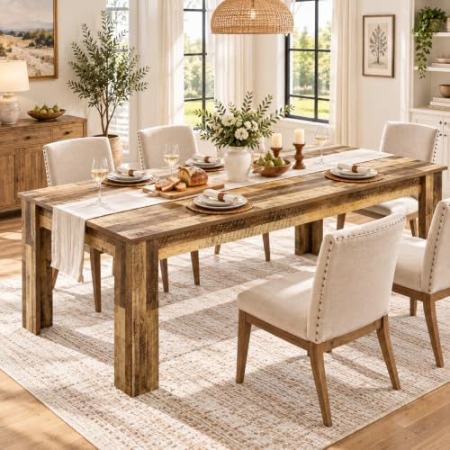 71" Farmhouse Dining Table for 6-8 People, Large Rectangular Kitchen Table, Rustic Wood Dinner Table for Dining Room and Living Room, Sturdy Country Table for 6 to 8, 300 lbs, Rustic Brown