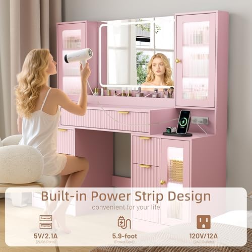 55" Vanity Desk with Mirror & Lights, Fluted Makeup Vanity with 8 Drawers & 4 Cabinets, Tempered Glass Top, RGB Cabinet Lighting, 3-Color Dimmable Mirror, and Charging Station