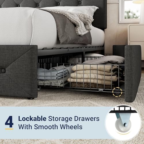Allewie Queen Size Storage Bed Frame with 4 Underbed Drawers, Upholstered Platform Bed with Adjustable Headboard, Diamond Button Tufted, Easy Assembly, Noise-Free, No Box Spring Needed, Dark Grey