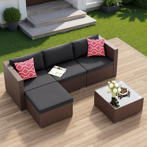 Aiho 5 Pieces Patio Furniture Sets, All-Weather PE Rattan Outdoor Patio Furniture with Cushions and Glass Table, for Garden, Backyard, Porch, Black