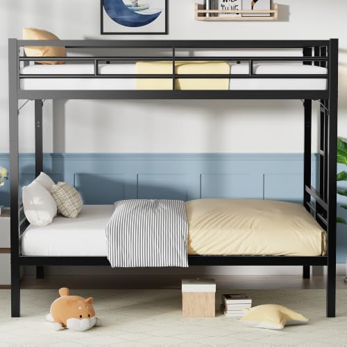 PVWIIK Queen Over Queen Bunk Bed with Guardrails,Black