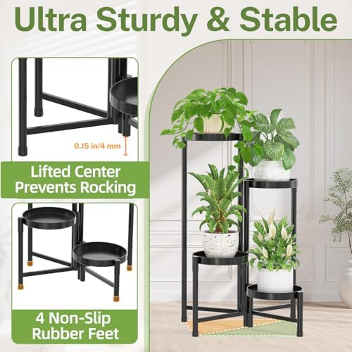 iDavosic.ly Plant Stand Indoor Outdoor, 4 Tier Metal Corner Shelf, Black