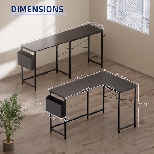 Pamray 47 Inch Reversible L Shaped Gaming Desk Corner Computer Desk with Storage Bag Home Office Table for Writing Study Grey