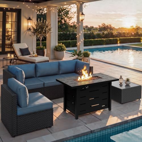 Shintenchi 6 Piece Outdoor Patio Furniture Set with 43 Inch Propane Fire Pit, Washable Cushions, Glass Coffee Table, Waterproof Cover & CSA Certified for Backyard Poolside, Black PE Rattan/Navy Blue
