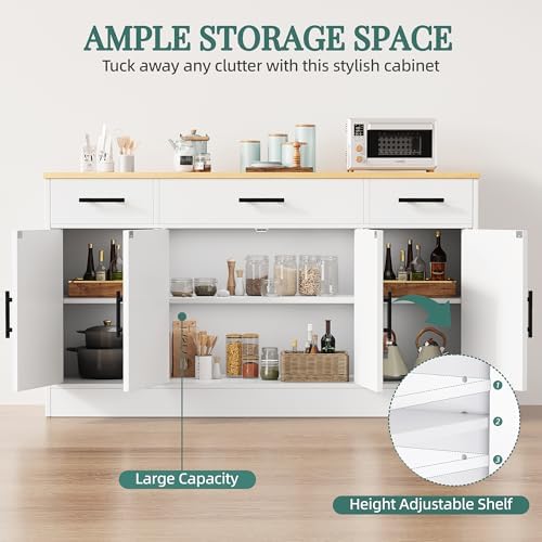 Shintenchi Buffet Cabinet with Storage,53.4" Large Kitchen Storage Cabinet with 3 Drawers and 4 Doors,Wood Farmhouse Buffet Sideboard with Adjustable Shelf for Kitchen Living Room, White