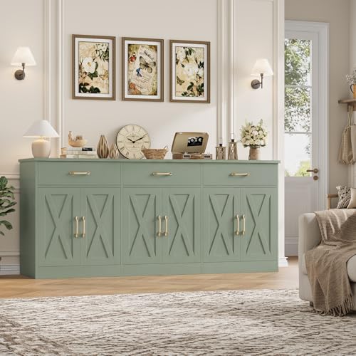 HOSTACK 71"W Farmhouse Kitchen Sideboard Buffet Cabinet with Storage, Green