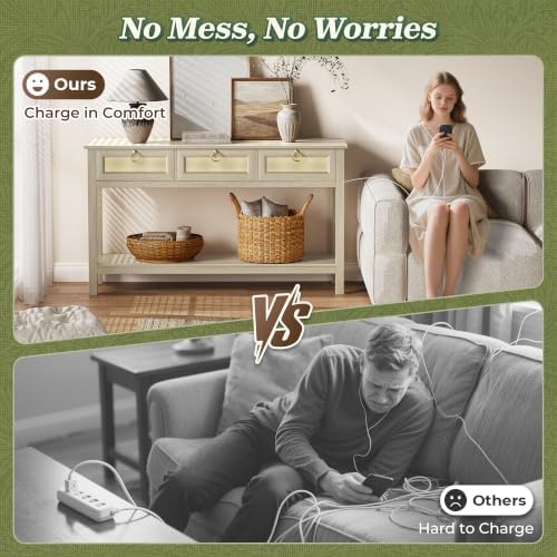 SUPERJARE Rattan Console Sofa Table with Outlets, USB-C Port and 3 Drawers