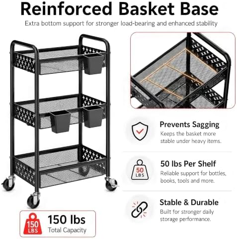 3 Tier Heavy Duty Rolling Cart Organizer, Black Utility Storage Carts with Wheels,Three Tiered Snack Cart for Baby Diaper Caddy, Cleaning Supplies, Craft Art Supply, Lash, Bathroom, Kitchen, Bedside
