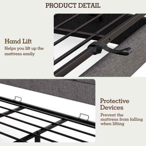 Queen Bed Frame with Hydraulic Gas Lift Up Storage, Linen Upholstered
