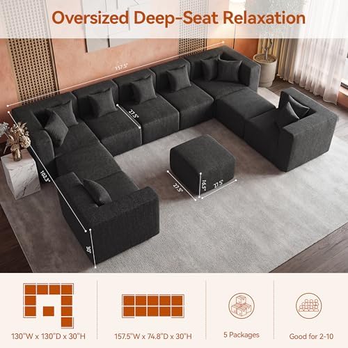 MONVANE Modular Sectional Sofa, Oversized 10 Seat Convertible U Shaped Couch with Ottoman, Comfy Chenille Deep Seat Cloud Couch, Sectional Couches for Living Room, No Assembly Required, Black