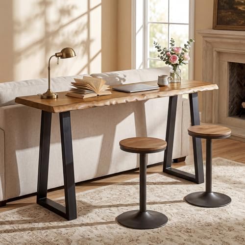 Solid Wood Bar Table, 63” Natural Live Edge Counter Height Table with Metal Legs, Rustic Industrial Long Pub Table for Kitchen, Coffee Bar, Dining Room, Restaurant, Brown & Black