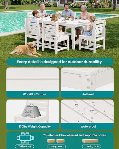 SERWALL Armless Outdoor Dining Set, Patio Dining Set for 6, White