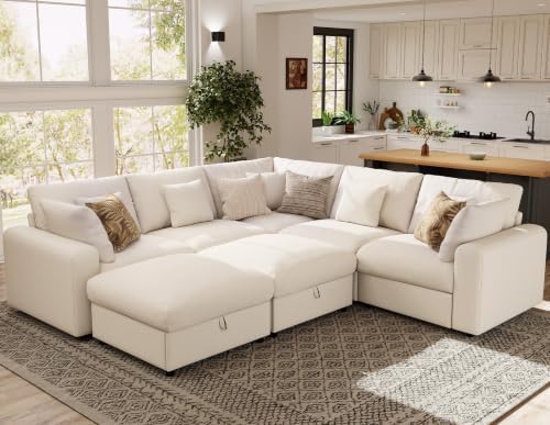 Ihanherry Oversized Cloud Sectional Couches for Living Room, Modular Sectional Sofa with Wide Deep Seat, Coner Couch with Throw Pillow and Storage Ottoman, Beige