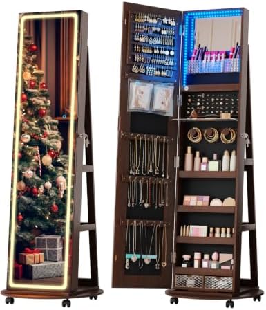 Full Length Jewelry Armoire with LED Mirror 360 Rotating Brown | Full Length LED Mirror, 3-color Light, 360 Rotating Base, Jewelry Storage, Makeup Tray, Shelves, Drawers